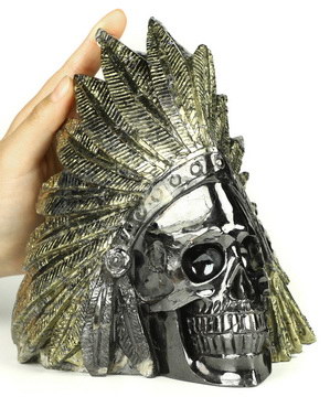 7.1" Pyrite and Quartz Hand Carved Crystal Skull Fine Art Sculpture, Crystal Healing