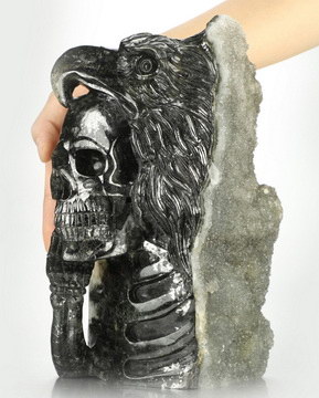 8.2" Calcite Hand Carved Crystal Skull and Eagle Fine Art Sculpture, Crystal Healing