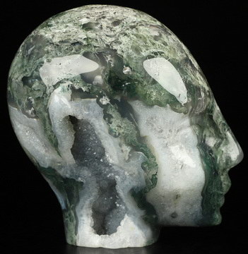 4.2" Green Moss Agate Hand Carved Fairy Elf Alien Crystal Skull Companion Sculpture, Crystal Healing