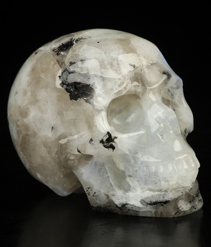 1.8" Black Tourmaline and Moonstone Hand Carved Crystal Skull, Realistic, Crystal Healing