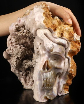 Gemstone 10.1" Sakura Agate Hand Carved Crystal Skull Fine Art Sculpture, Crystal Healing