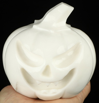 4.5" White Jade Hand Carved Crystal Evil Pumpkin Skull Sculpture, Crystal Healing