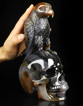 8.3" Carnelian Hand Carved Crystal Skull and Raven Sculpture, Crystal Healing