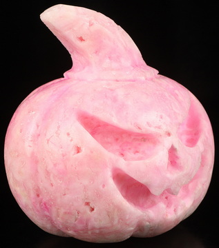 4.9" Pink Aragonite Hand Carved Jack-O'-Lantern Pumpkin Crystal Skull Sculpture, Crystal Healing