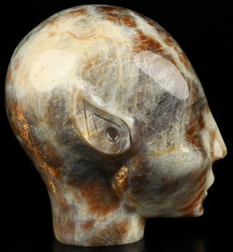 4.1" Moonstone with Sunstone Hand Carved Fairy Elf Alien Crystal Skull Companion Sculpture, Crystal Healing