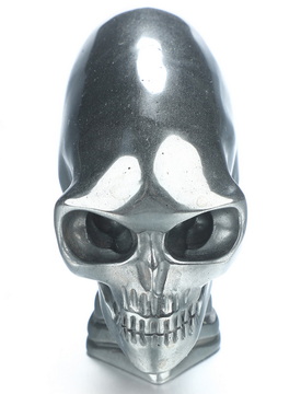 3.5" Hematite Hand Carved Crystal Elongated Mayan Alien Skull with Spine Sculpture, Crystal Healing