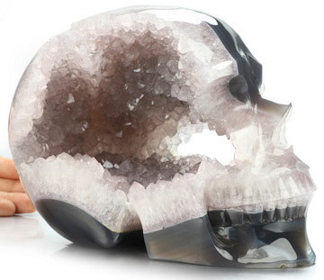 Lifesized 7.5" Agate Amethyst Geode Hand Carved Crystal Skull, Realistic, Crystal Healing