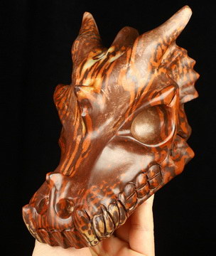7.0" Australian Print Stone Hand Carved Crystal Dragon Skull Sculpture, Crystal Healing