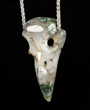 Necklace of 2.3" Green Moss Agate Hand Carved Crystal Skull Pendant, Skull Jewelry