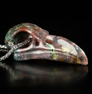 Necklace of 2.3" Indian Agate Hand Carved Crystal Skull Pendant, Skull Jewelry