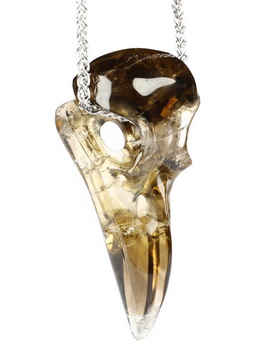 Necklace of 2.3" Smoky Quartz Rock Crystal Hand Carved Crystal Skull Pendant, Skull Jewelry