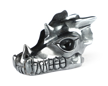 2.0" Hematite Hand Carved Crystal Dragon Skull Sculpture, Crystal Healing