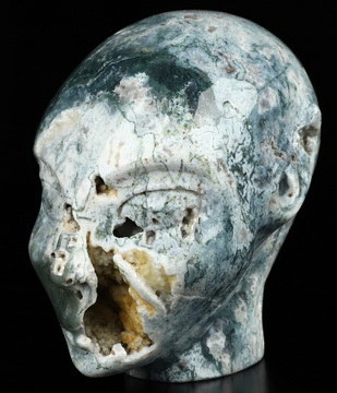 4.1" Green Moss Agate Hand Carved Fairy Elf Alien Crystal Skull Companion Sculpture, Crystal Healing