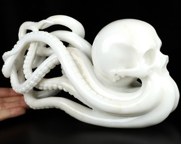 10.0" White Jade Hand Carved Crystal Skull and Octopus Sculpture, Crystal Healing