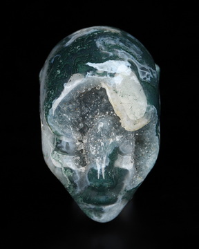 2.0" Green Moss Agate Hand Carved Fairy Elf Alien Crystal Skull Companion Sculpture, Crystal Healing