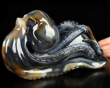9.1" Premium Brazilian Agate Hand Carved Crystal Octopus Skull Fine Art Sculpture, Crystal Healing