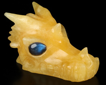 5.1" Beeswax Jade Hand Carved Crystal Dragon Skull with Labradorite Eyes Sculpture, Crystal Healing
