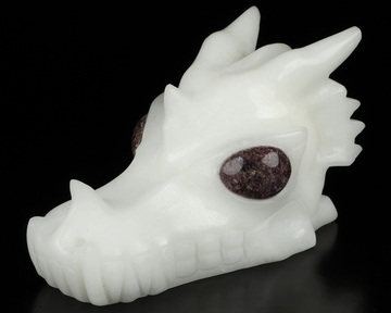 5.0" White Jade Hand Carved Crystal Dragon Skull with Russian Charoite Eyes Sculpture, Crystal Healing