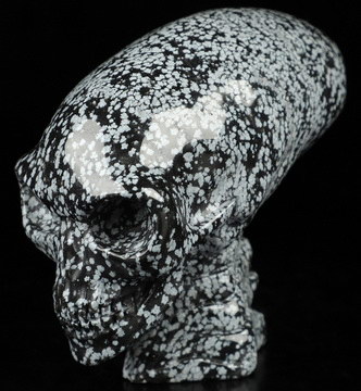 3.7" Snowflake Obsidian Hand Carved Crystal Elongated Mayan Alien Skull with Spine Sculpture, Crystal Healing