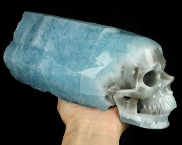 Gemstone 9.6" Aquamarine Hand Carved Crystal Skull Fine Art Sculpture, Crystal Healing