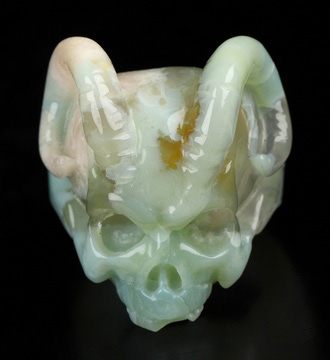 US Size 7# Gemstone Sakura Agate Hand Carved Crystal Skull Ring, Skull Jewelry