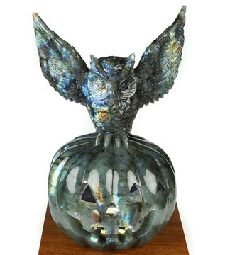 8.6" Labradorite Hand Carved Crystal Pumpkin Skull and Owl Fine Art Sculpture, Crystal Healing