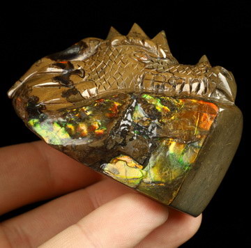 2.3" Ammolite Hand Carved Crystal Dragon Skull, Crystal Healing