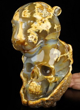 8.1" Agate Hand Carved Crystal Skull and Tiger Fine Art Sculpture, Crystal Healing