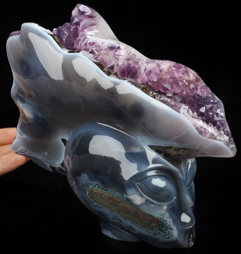 8.2" Agate Amethyst Geode Hand Carved Crystal Alien Skull Fine Art Sculpture, Crystal Healing