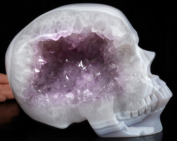 Super Realistic! Lifesized 7.0" Agate Amethyst Geode Hand Carved Crystal Skull, Crystal Healing