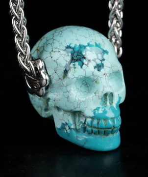 Gemstone Necklace of 0.7" Turquoise Hand Carved Crystal Skull Pendant, Skull Jewelry