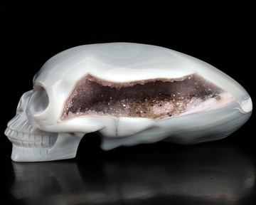 5.6" Agate Amethyst Geode Hand Carved Crystal Elongated Mayan Alien Skull Sculpture, Crystal Healing