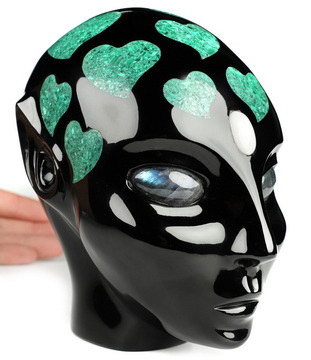 6.1" Black Obsidian & Malachite Inlay  Hand Carved Fairy Elf Alien Crystal Skull and Labradorite Eyes Companion Sculpture, Crystal Healing