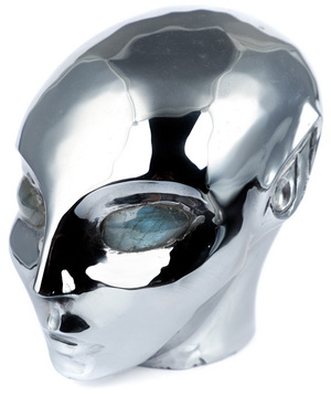 3.6" Tera-hertz Hand Carved Fairy Elf Alien Crystal Skull Companion With Labradorite Eyes, Hand Carved Gemstone Fine Art Sculpture, Reiki Healing Stone Statue