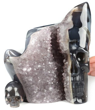 6.0" Agate Amethyst Geode Hand Carved Crystal Skull Fine Art Sculpture, Crystal Healing