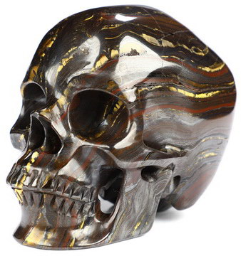 4.1" Gold Tiger Iron Eye Hand Carved Crystal Skull, Super Realistic, Crystal Healing
