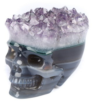 2.2" Agate Amethyst Druse Hand Carved Crystal Skull Fine Art Sculpture, Crystal Healing