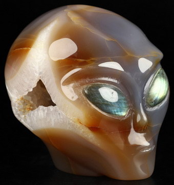 4.2" Premium Brazilian Agate Star Being Female Alien Crystal Skull Companion With Labradorite Eyes, Hand Carved Gemstone Fine Art Sculpture, Reiki Healing Stone Statue