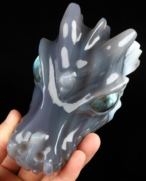 5.1" Premium Brazilian Agate Hand Carved Crystal Dragon Skull with Labradorite Eyes Sculpture, Crystal Healing