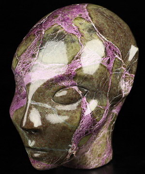 Gemstone 4.1" Stichtite and Serpentine Hand Carved Fairy Elf Alien Crystal Skull Companion Sculpture, Crystal Healing