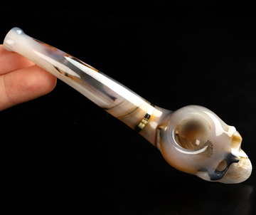 5.8" Premium Brazilian Agate Hand Carved Crystal Skull Pipe, Crystal Healing