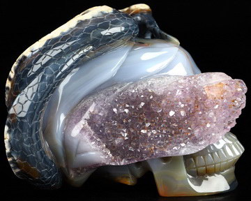 5.3" Agate Amethyst Druse Hand Carved Crystal Skull and Snake Fine Art Sculpture, Crystal Healing