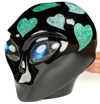 6.1" Black Obsidian & Malchite Inlay Hand Carved Female Alien Crystal Skull Companion With Labradorite Eyes, Hand Carved Gemstone Fine Art Sculpture, Reiki Healing Stone Statue