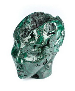Gemstone 1.7" Malachite Hand Carved Fairy Elf Alien Crystal Skull Companion Sculpture, Crystal Healing