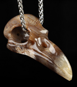 Necklace of 2.3" Coral Fossil Hand Carved Crystal Skull Pendant, Skull Jewelry