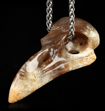 Necklace of 2.3" Coral Fossil Hand Carved Crystal Skull Pendant, Skull Jewelry