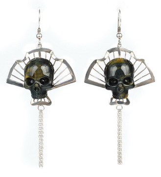 Gemstone  Blue & Gold Tiger's Eye Hand Carved Crystal Skull Earrings, Skull Jewelry