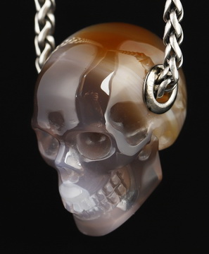 Necklace of 1.1" Agate Hand Carved Crystal Skull Pendant, Skull Jewelry