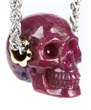 Necklace of 0.7" Ruby Hand Carved Crystal Skull Pendant with Silver Chain