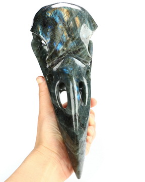 10.4" Labradorite Hand Carved Raven Crystal Skull  Sculpture, Crystal Healing